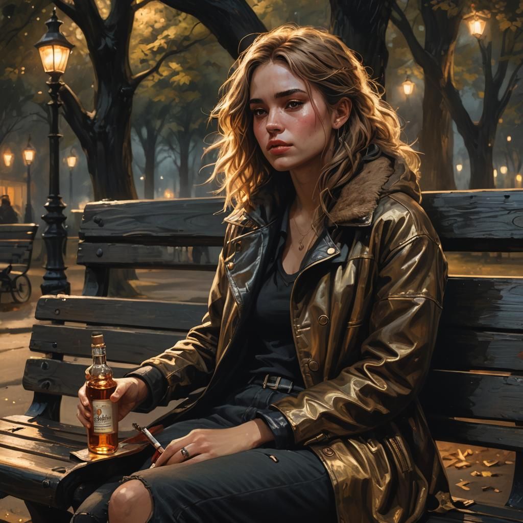 Disheveled Girl on Park Bench: Dark Fantasy Art