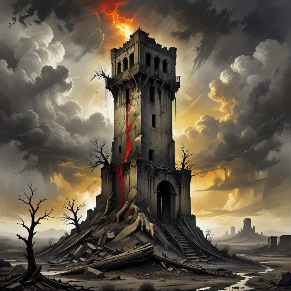 Sentinel Observes Desolate Landscape in Grayscale Art