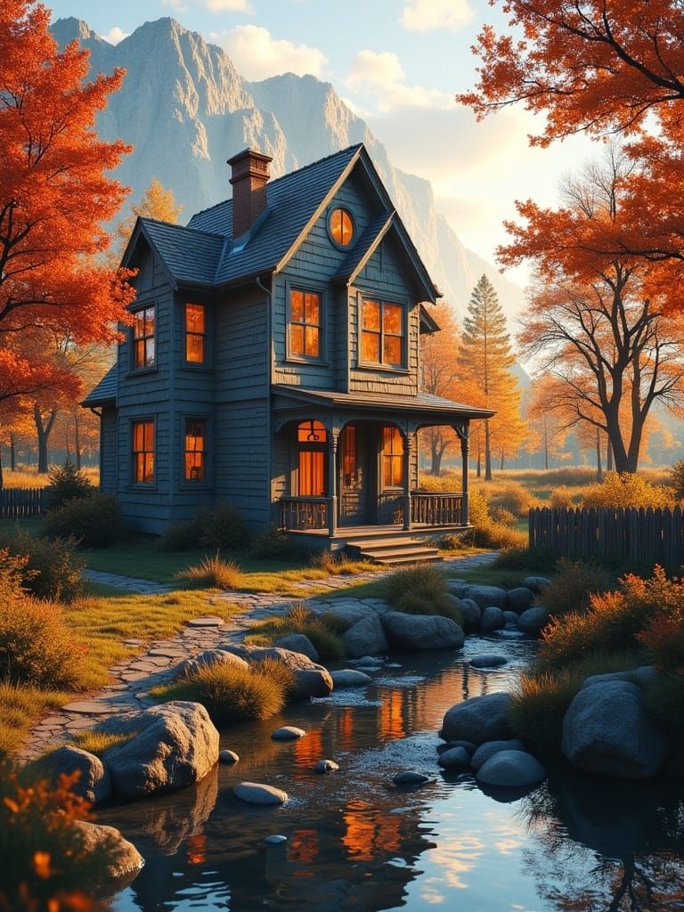 Idyllic Old House in Autumn Landscape, Matte Painting
