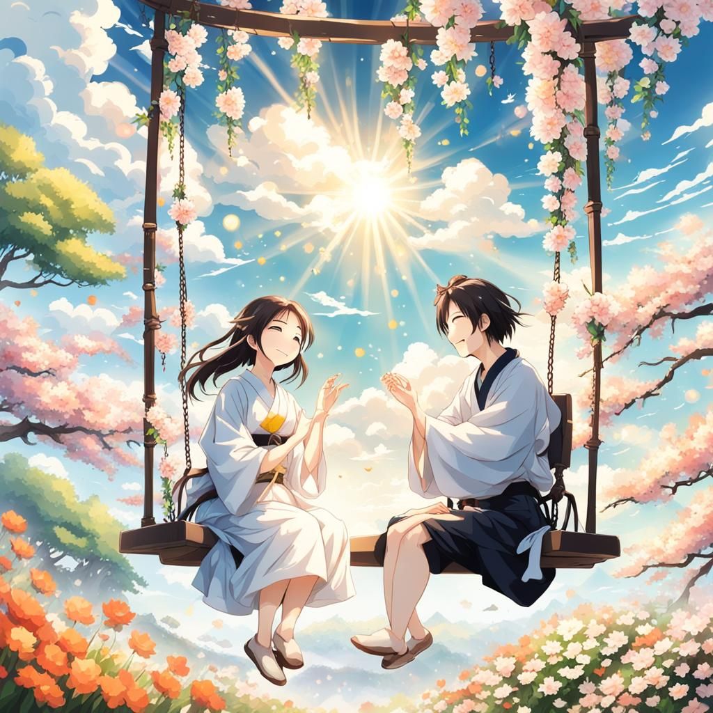 Anime Couple in Spring Flowers, Japanese Art Style