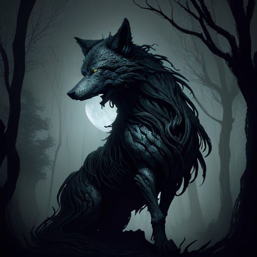 Surreal Dark Fantasy Wolf Link Amidst Ancient Trees
