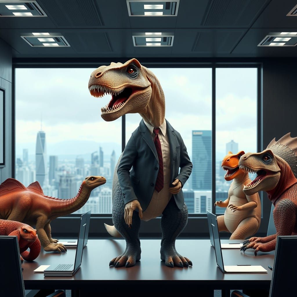 Confident T-Rex Leads Dinosaur Colleagues in Office Meeting....