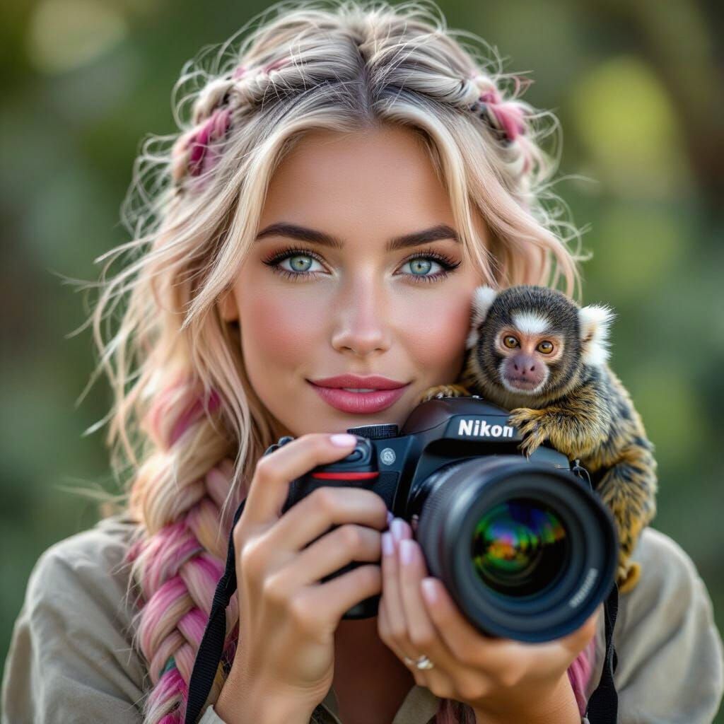 Woman with Pink Hair Holding Camera with Marmoset Climbing