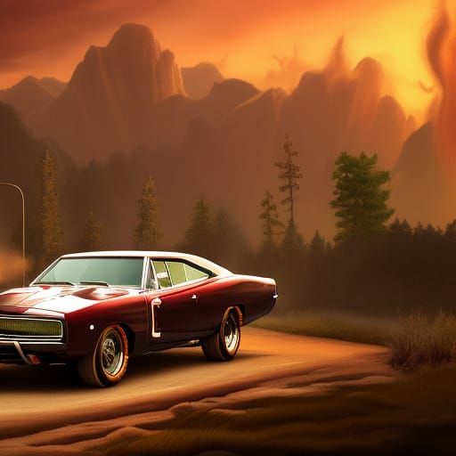 1970 Charger R/T at Sunset in Detailed Landscape