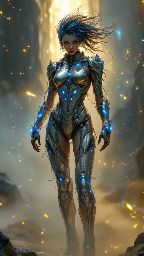 Biomechanical Warrior Goddess in Dark Industrial Futurism St...