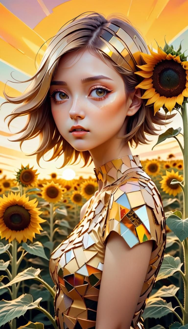 Surreal Kawaii Fusion: Woman and Sunflower Field