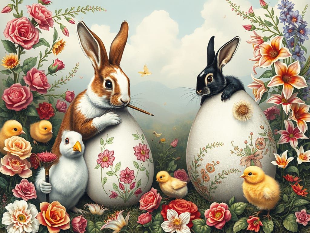 Rabbits and Chicks Painting Easter Eggs in Fairytale Landsca...