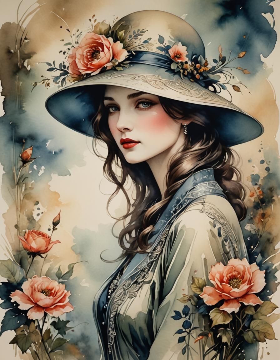 Ethereal 1920s Woman in Watercolor Ink Poster Art