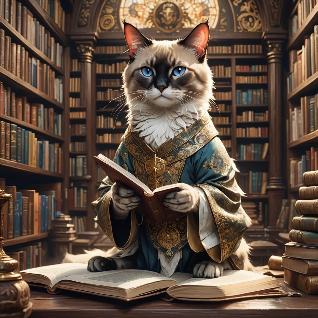 Balinese Cat Reads Book: Hyperdetailed Portrait