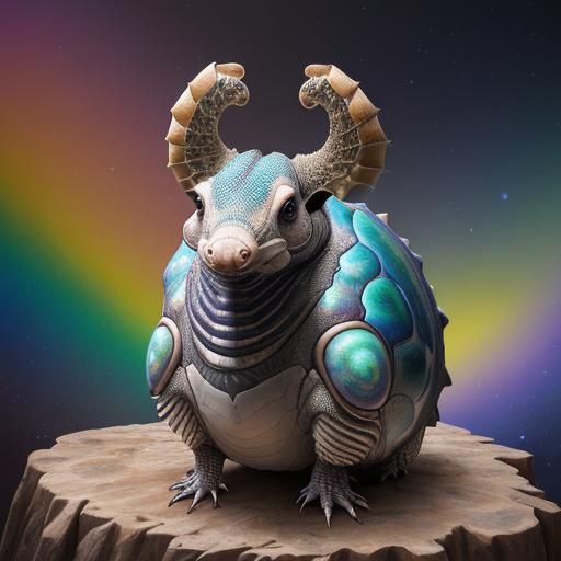 Armadillo with Rainbow Shell in Surreal Landscape