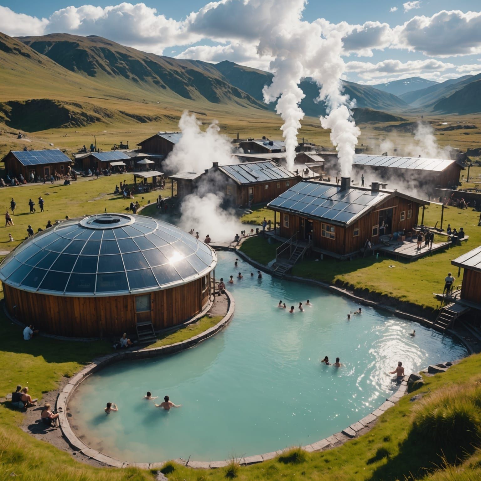 Solarpunk Geothermal Settlement with Hot Spring