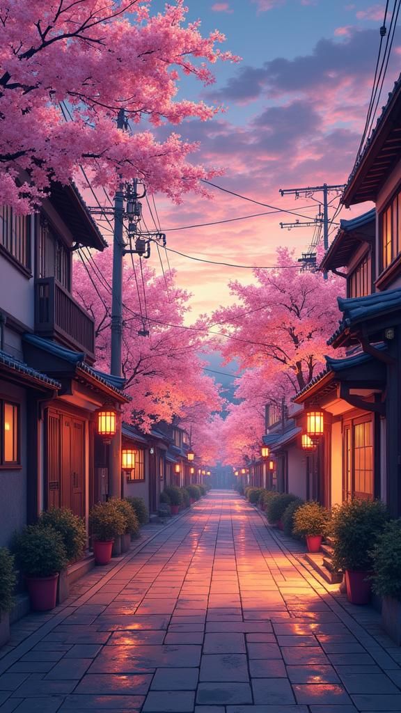 Japanese Street at Dusk with Sakura Blossoms
