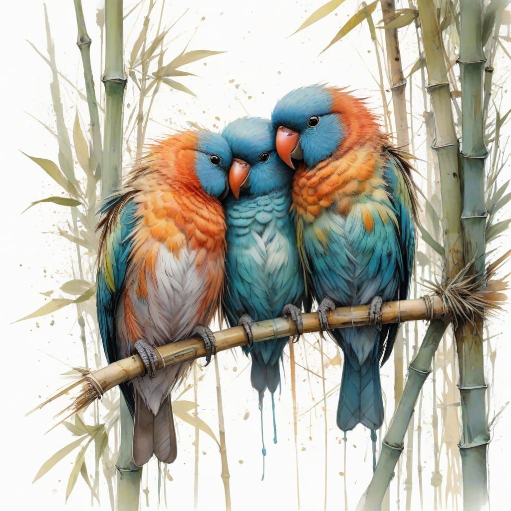 Lovebirds on Bamboo in Stylized Watercolour