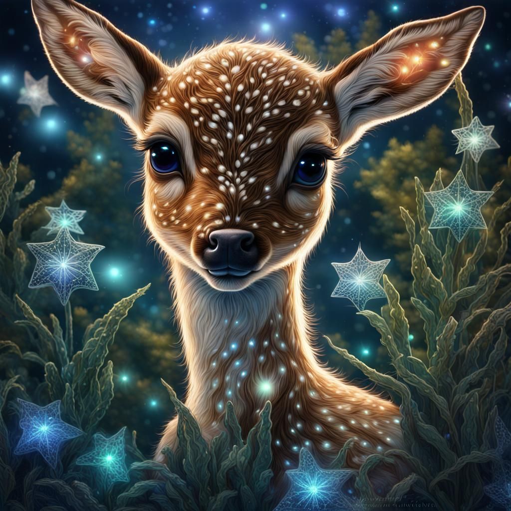 Luminous Crystal Fawn in Starry Night Scene