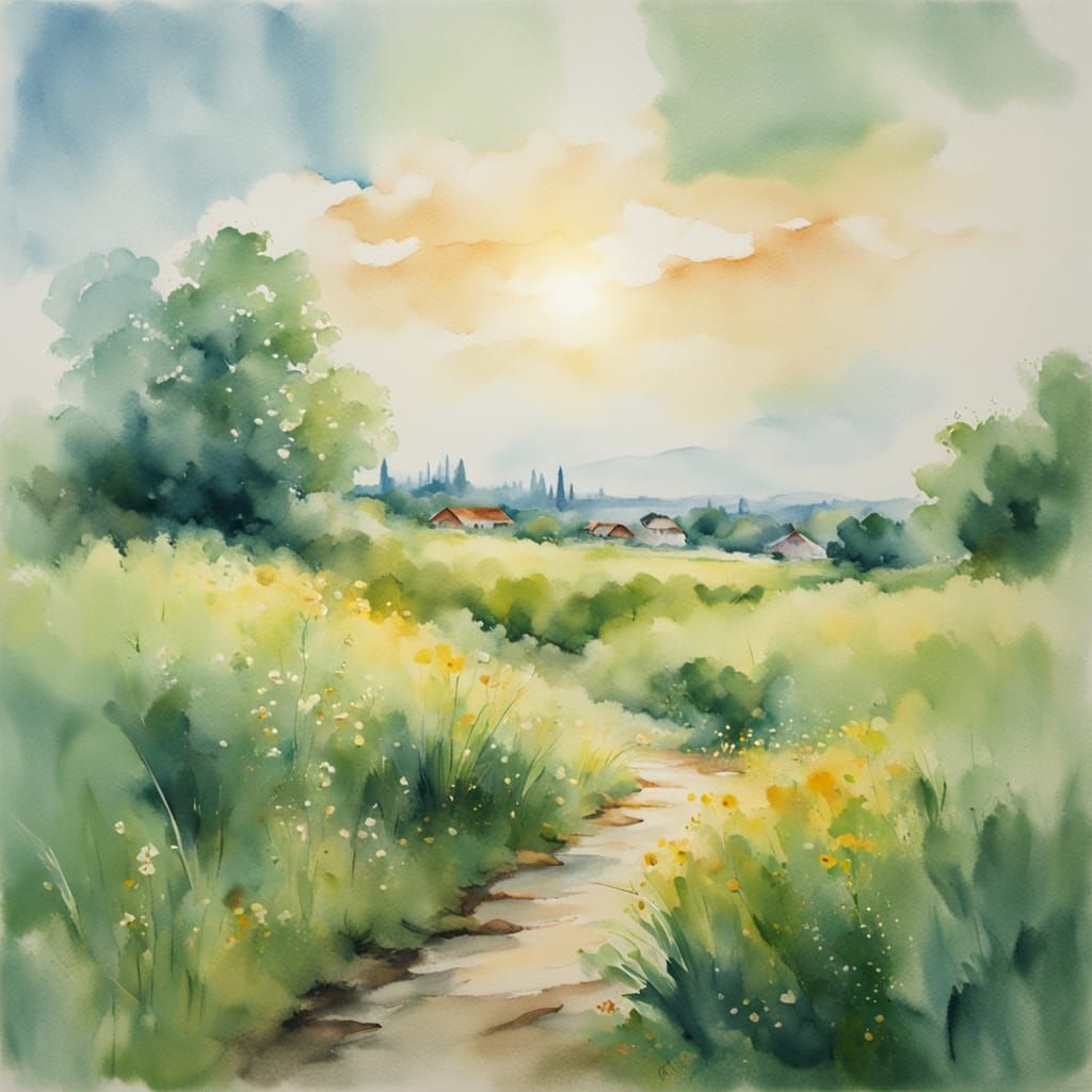 Vibrant Sunny Meadow Watercolor Landscape