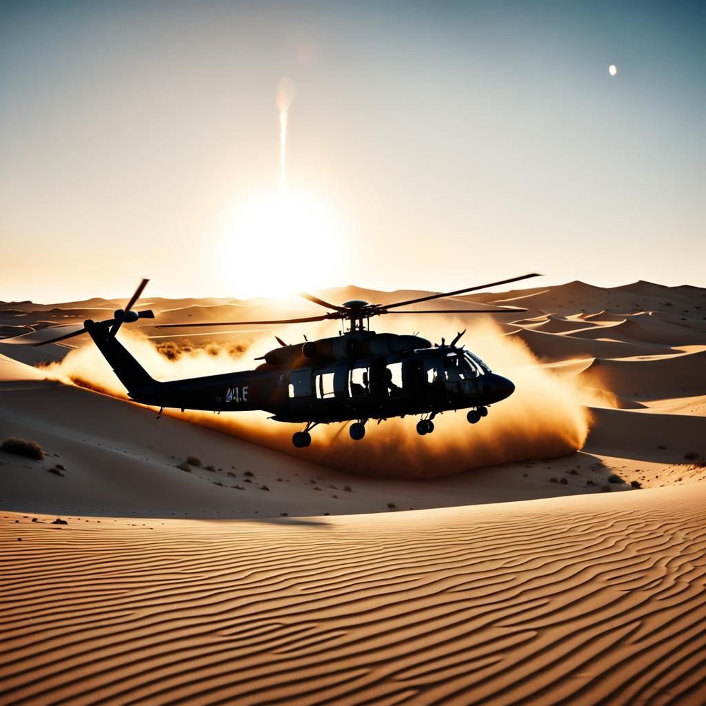 Desert Military Helicopter Sunrise: Cinematic Film Still