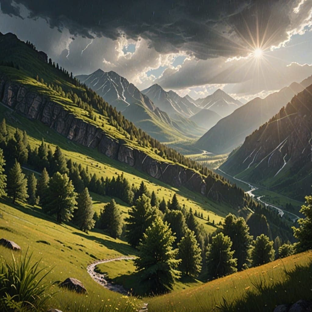 Surreal Sunny Mountainscape with Rain and Cinematic Light