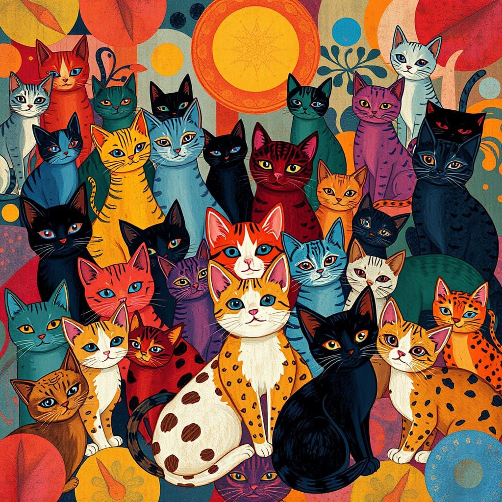 Whimsical Felines in a Vibrant Dreamlike Setting