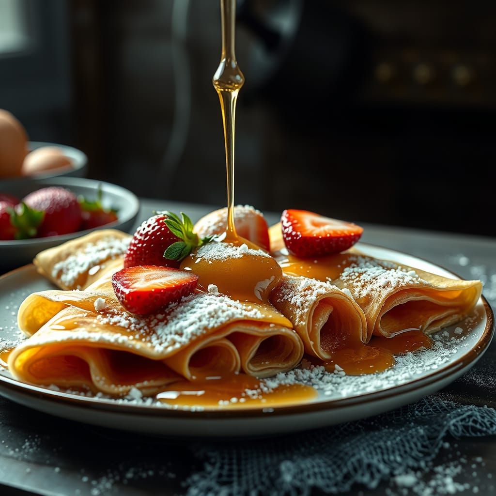 Cinematic Strawberry Crepes in Vibrant Digital Art