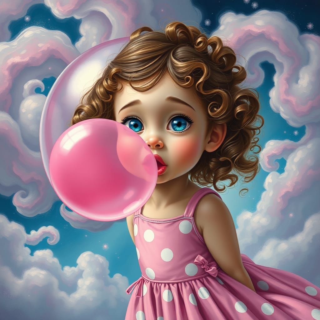 Girl Blowing Bubblegum in Surreal Dreamscape
