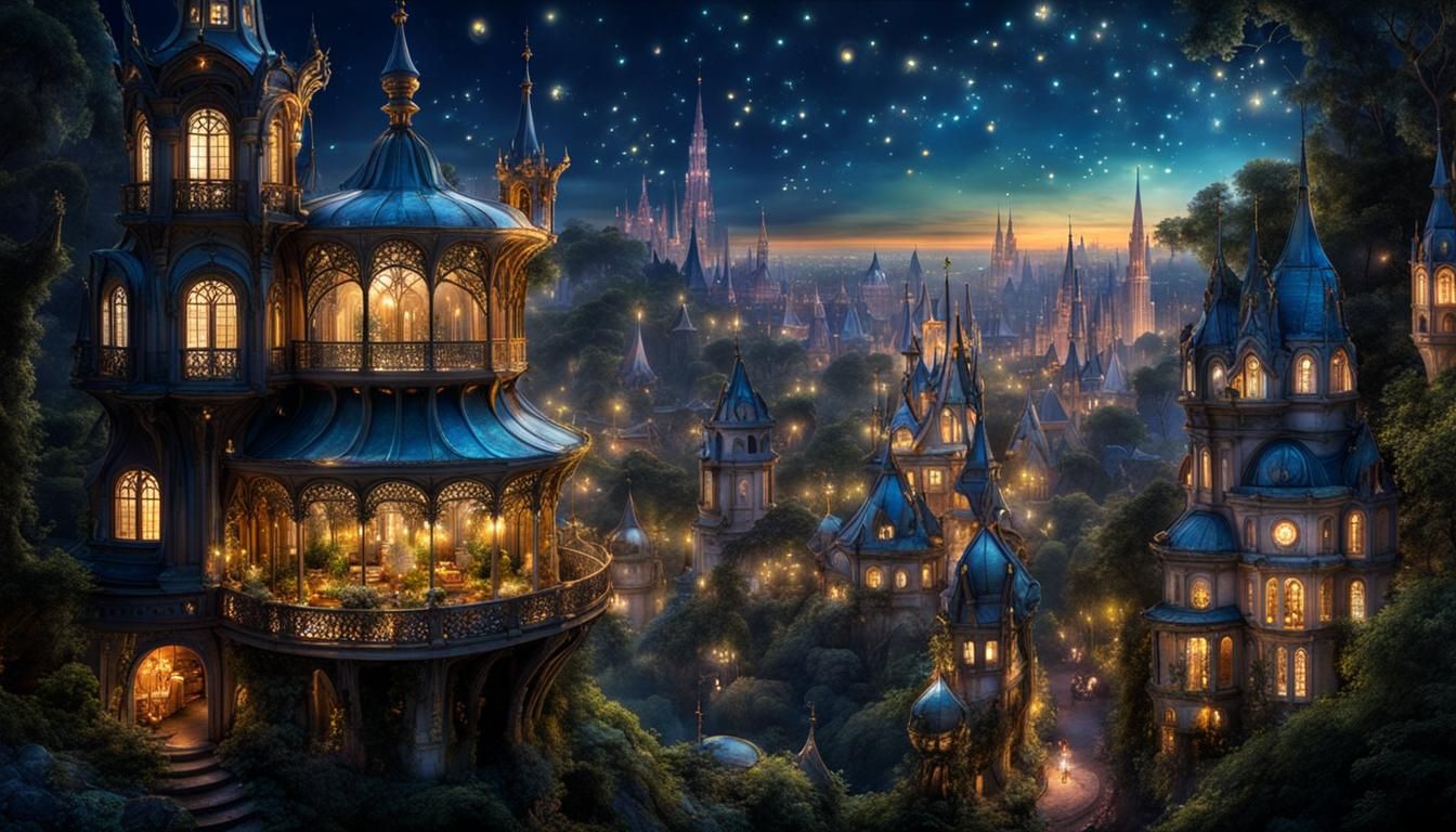 Magical Fairy City at Night: Art Nouveau Architecture
