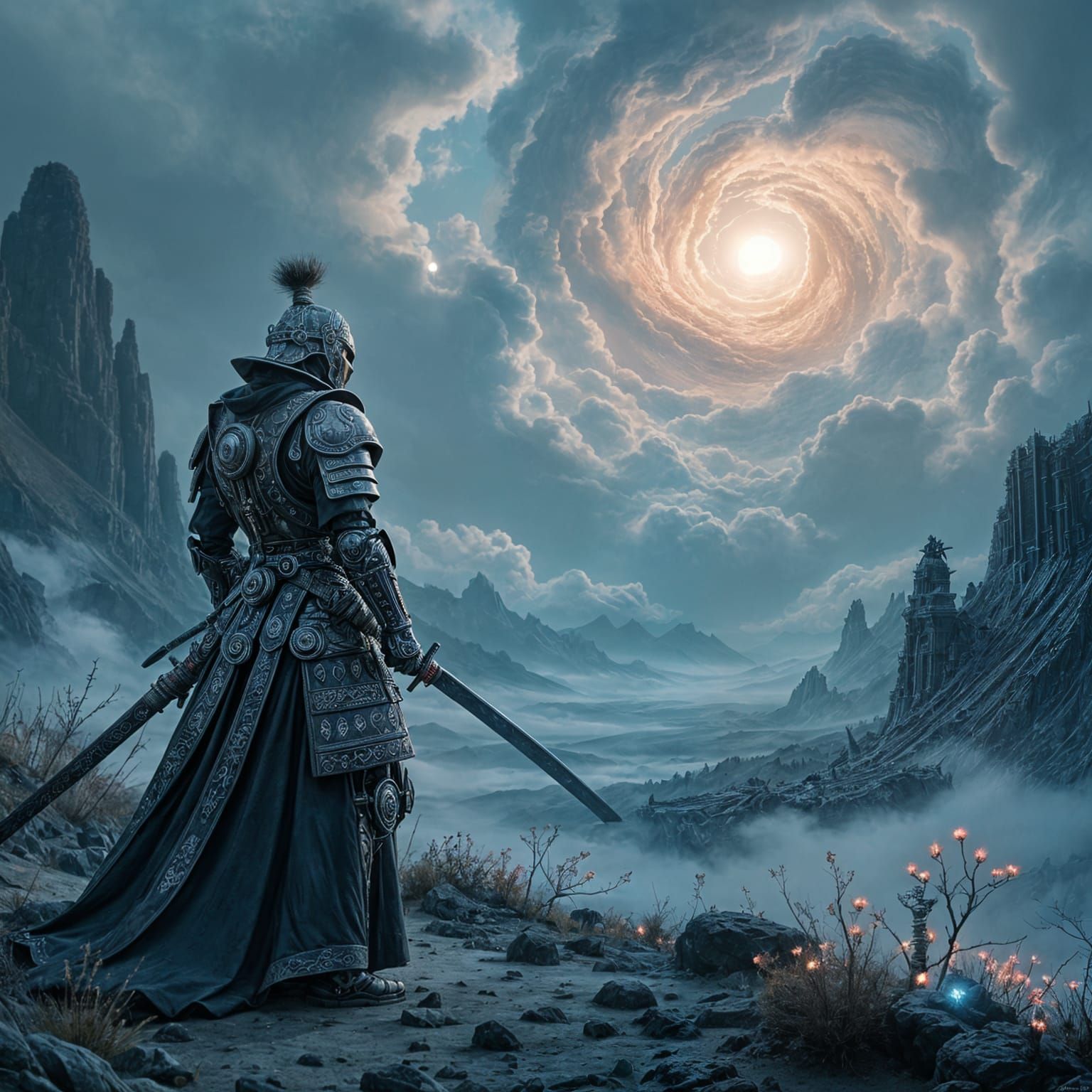 Samurai Warrior in Mechanical Armor on Alien Planet