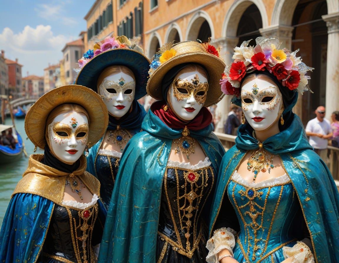 Impasto Oil Painting of Exuberant Venice Festival Revelers