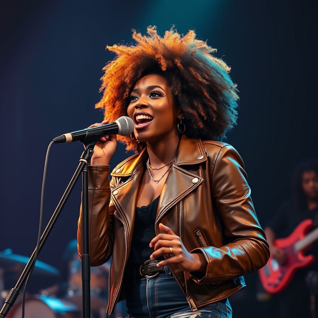 Vibrant Dark Skinned Woman Rocks the Stage in Photo Realisti...