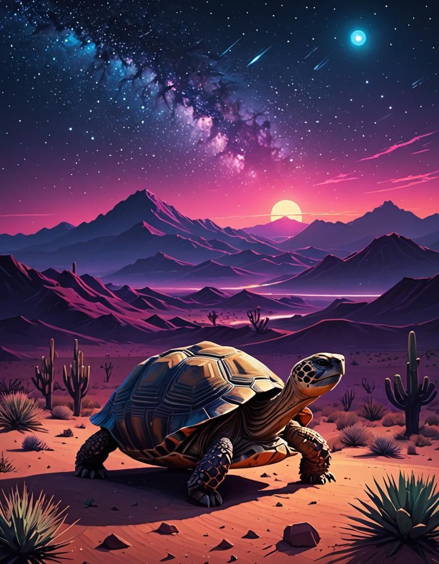 Desert Tortoise in Synthwave Starry Night