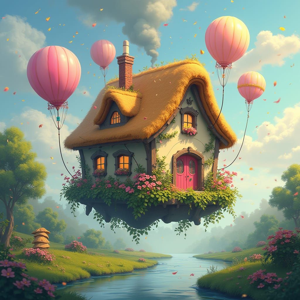 Floating Cottage in Candy Art Style with Balloons