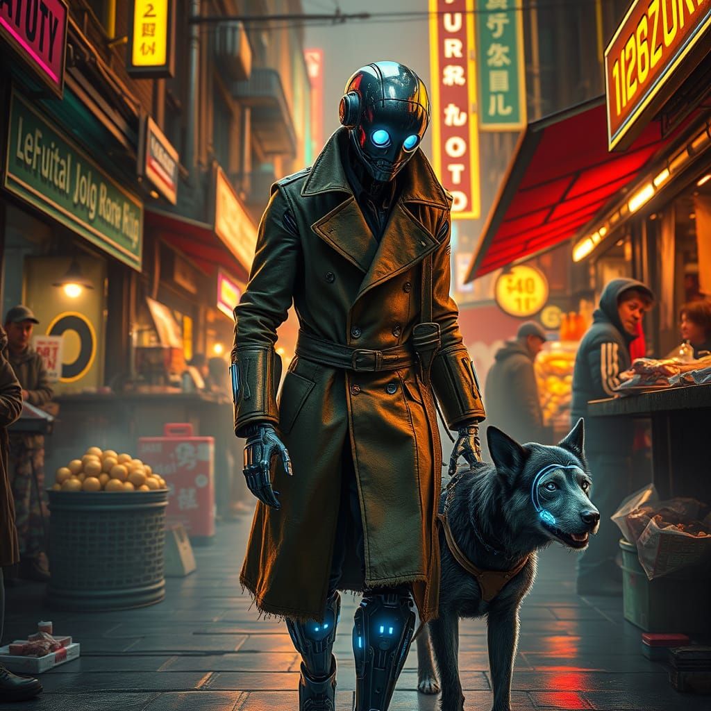 Cyberpunk Android Navigates Neon City Streets