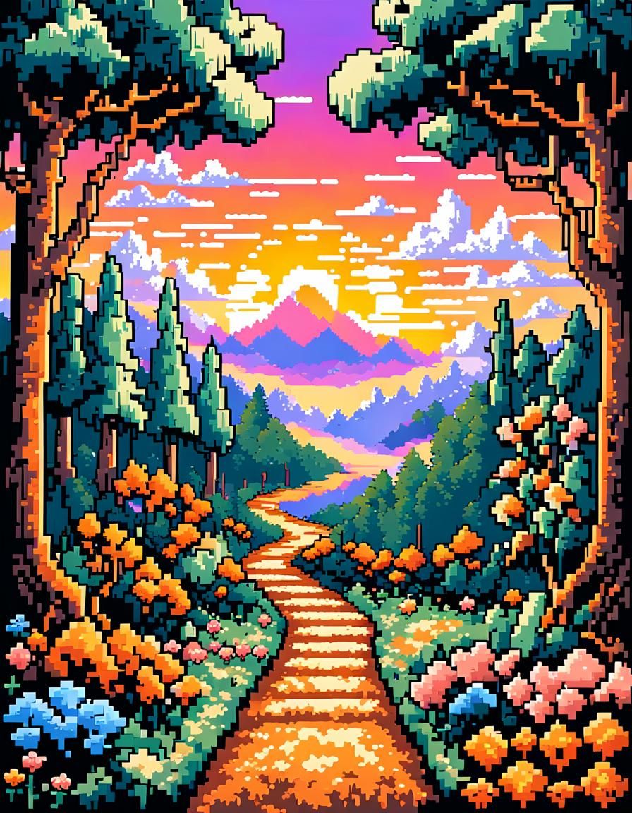 Magical Forest Sunset in Vibrant Pixel Art