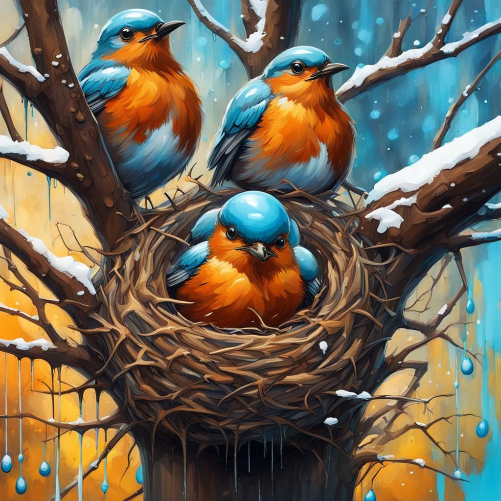 a robins nest in a tree during the winter with 2 blue eggs