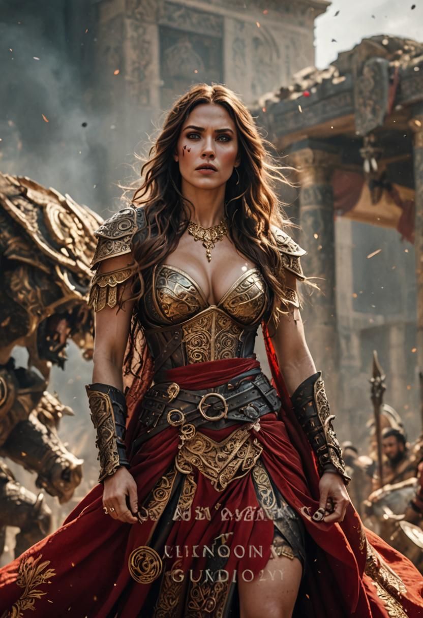 Babylonian Barbarian Warrior Woman in Fiery Landscape