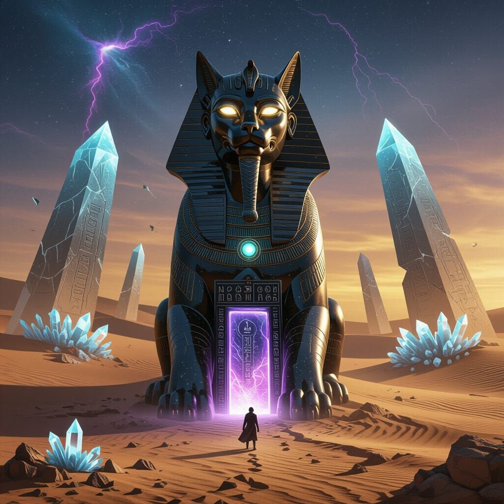 Colossal Obsidian Sphinx Cat Guards Cosmic Doorway