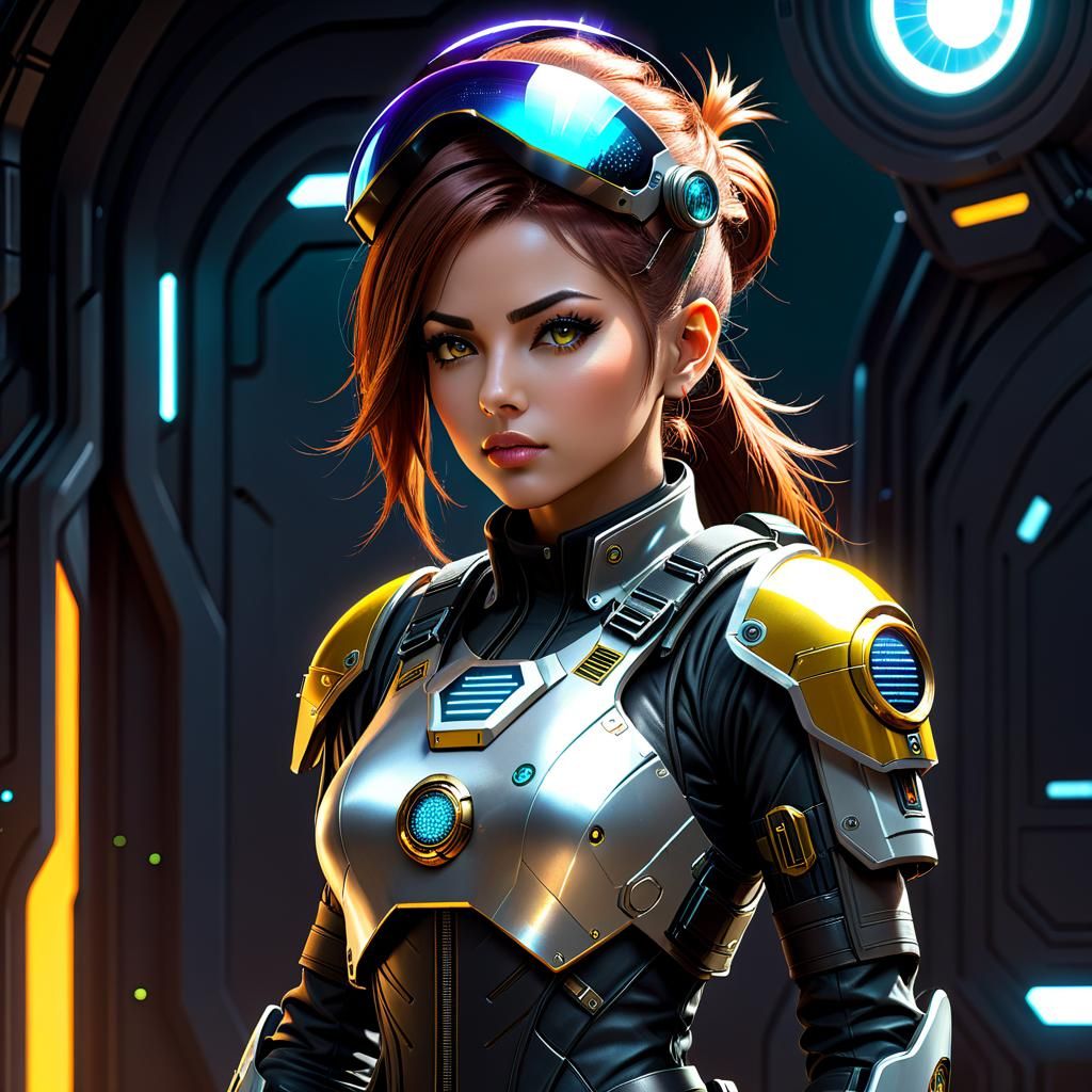 Futuristic Solarpunk Female Soldier in Detailed Sci-Fi Scene