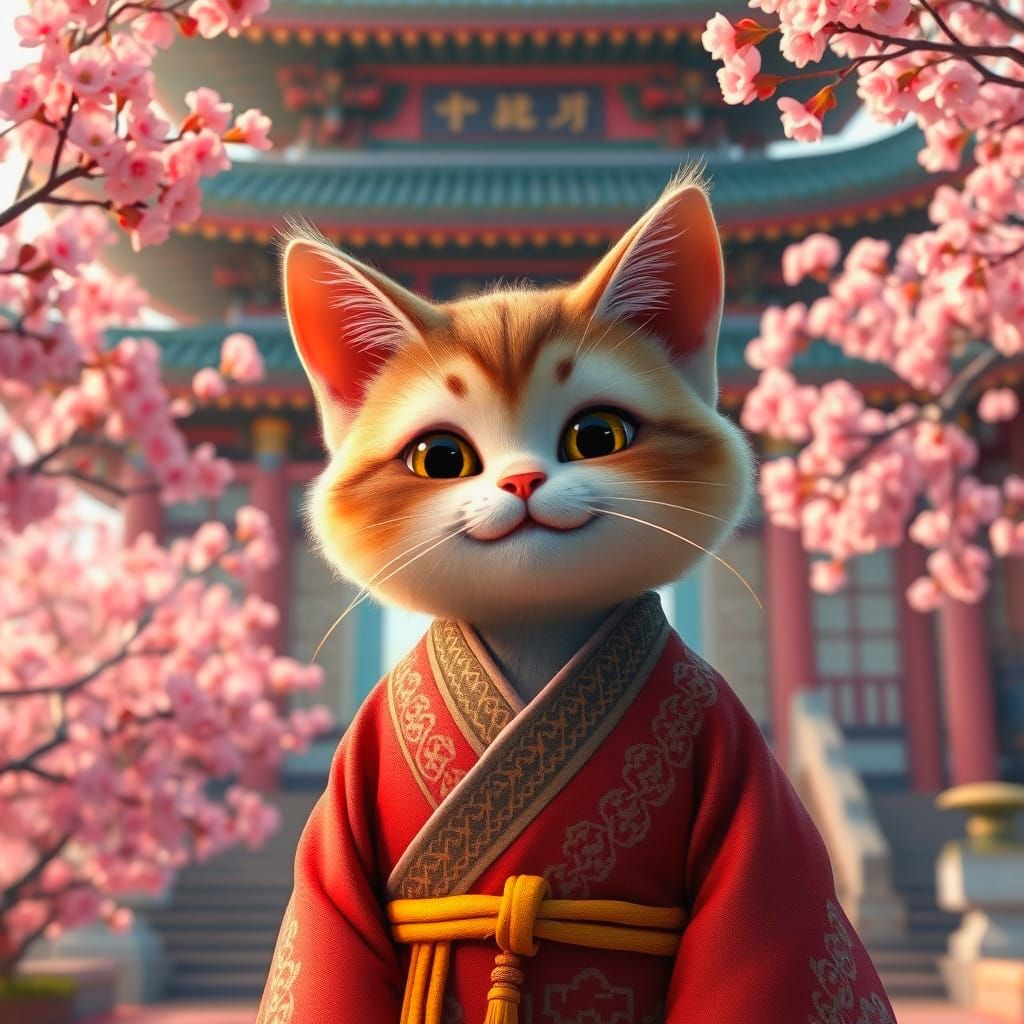 Pixar-Style Cat in Buddhist Temple Attire
