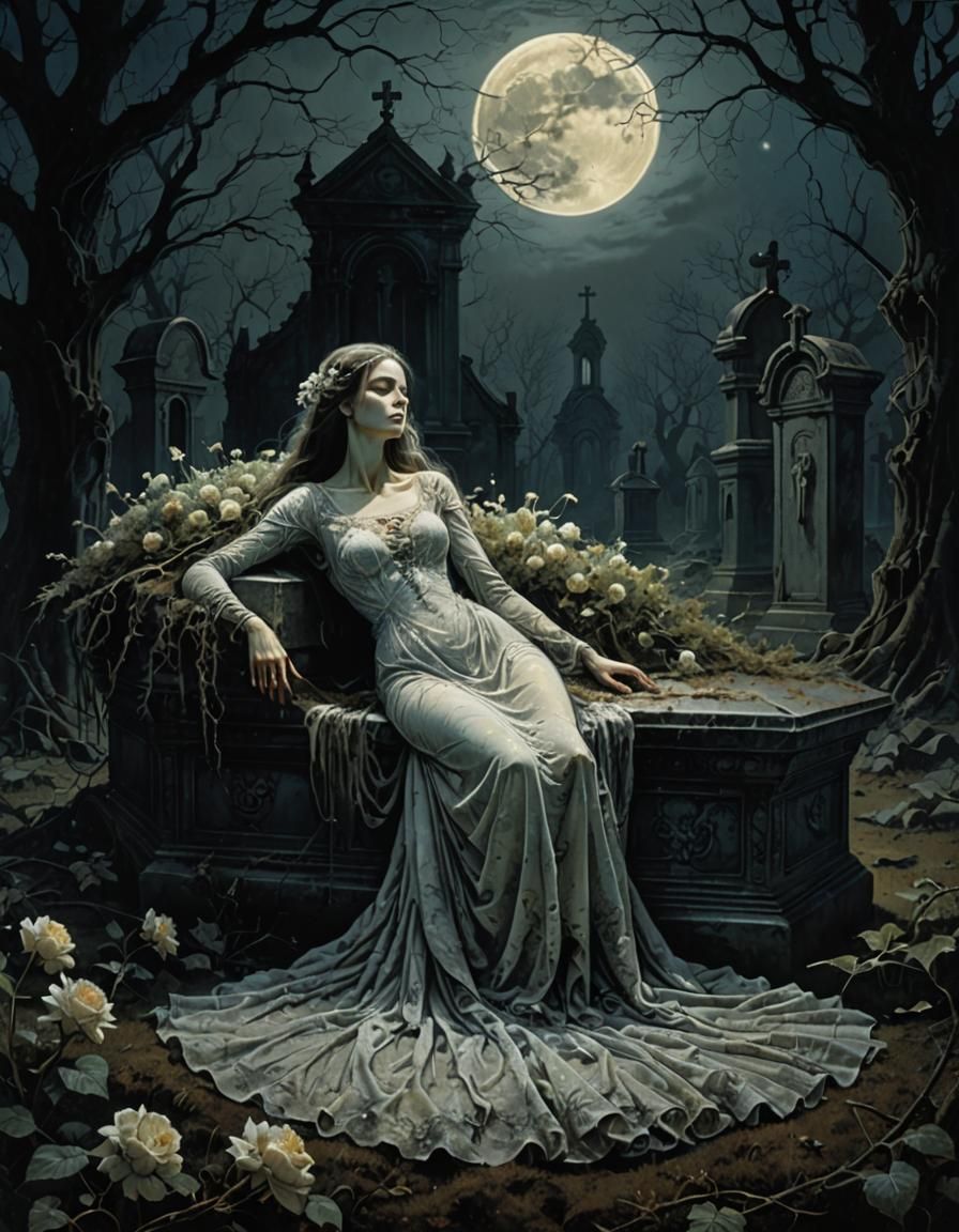 Graveyard Bride in Ethereal Moonlight, Dark Surrealism