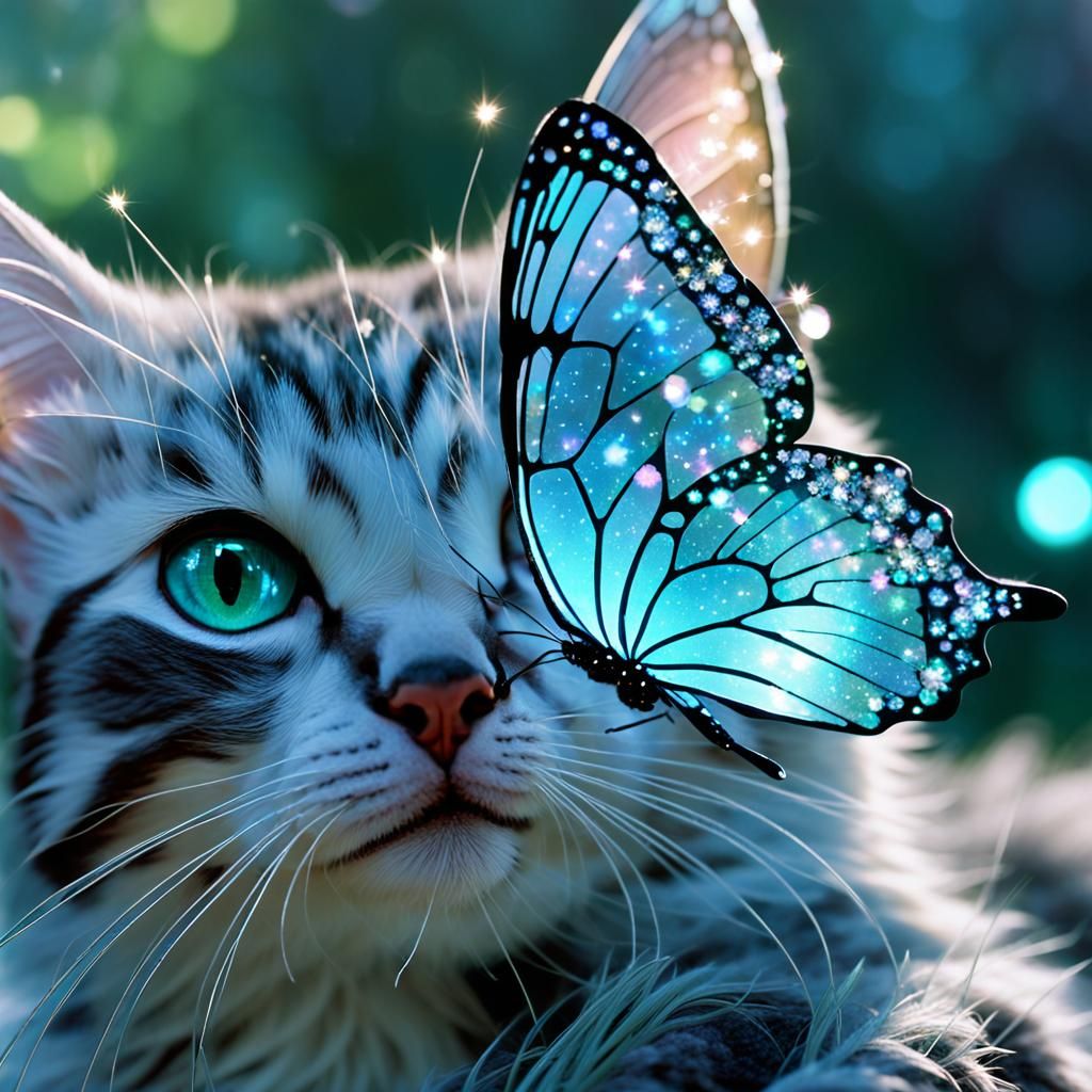 Crystal Butterfly on Kitten's Nose in Enchanted Garden