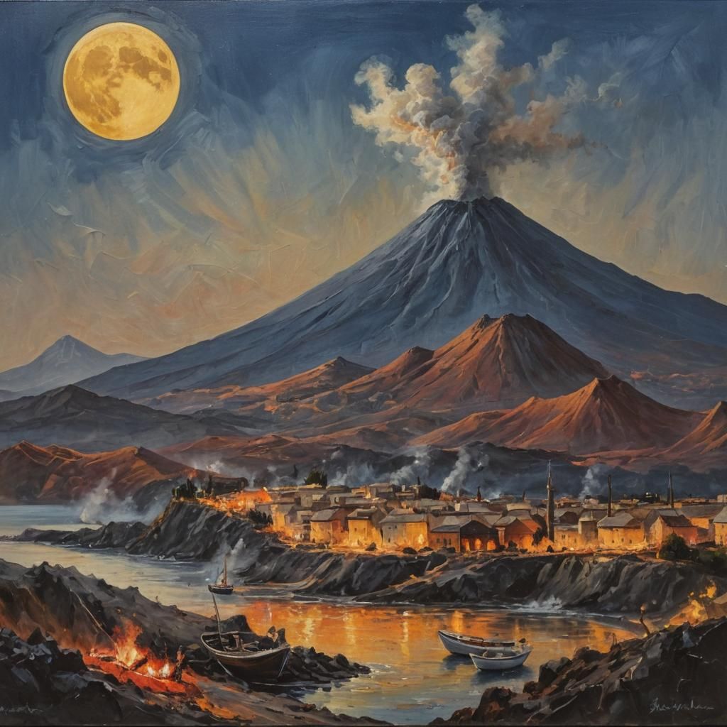 Volcanic Eruption Under Moonlight as Impasto Painting