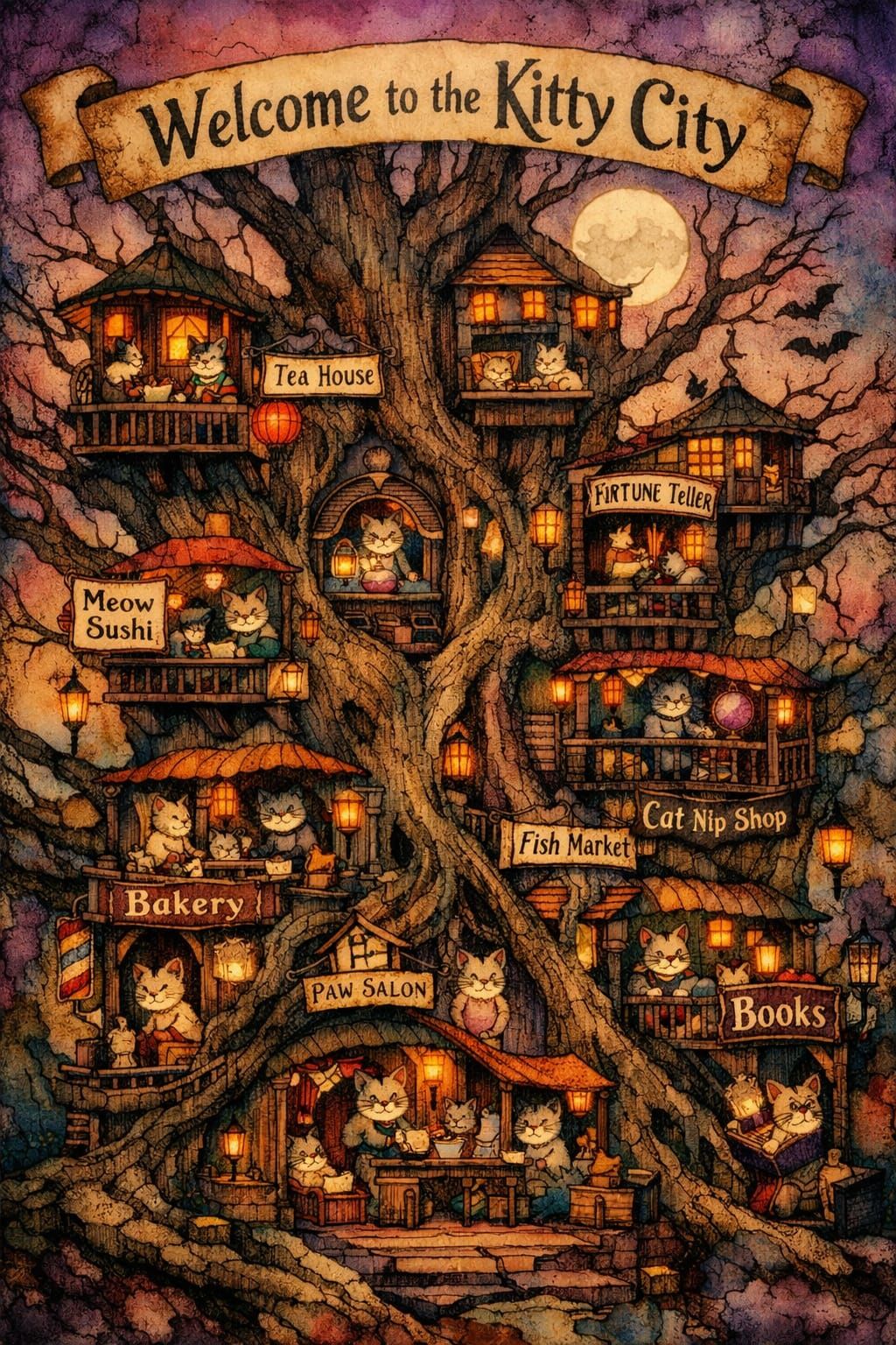 Whimsical Kitty City in a Dead Tree