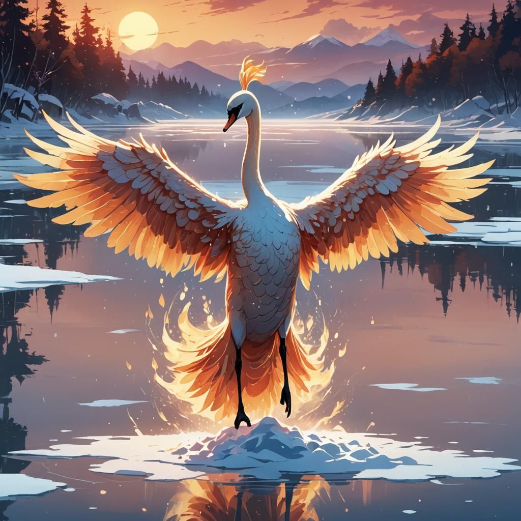 Fiery Swan on Frozen Lake, Anime Style Artwork