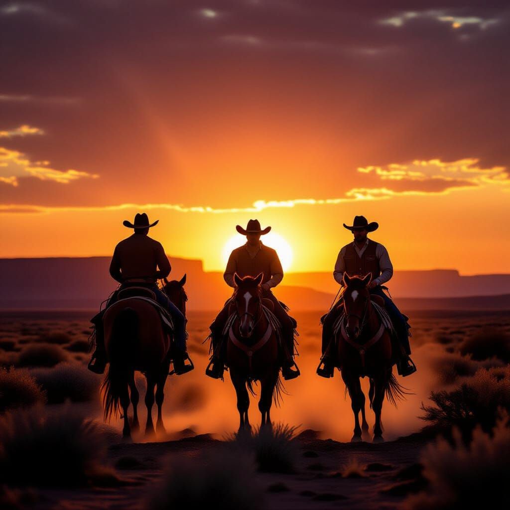Cowboy Silhouettes at Sunset in the Old West