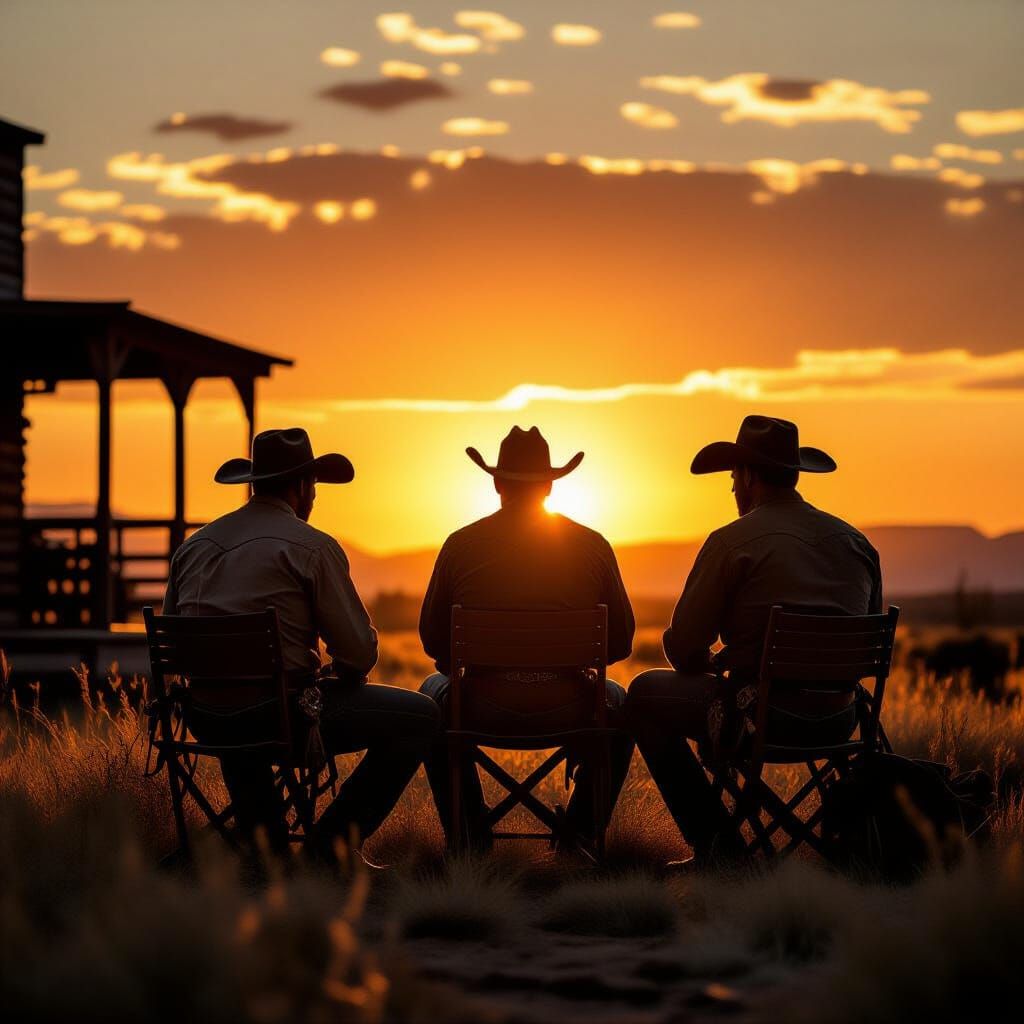Cowboys Silhouetted Against Old West Sunset