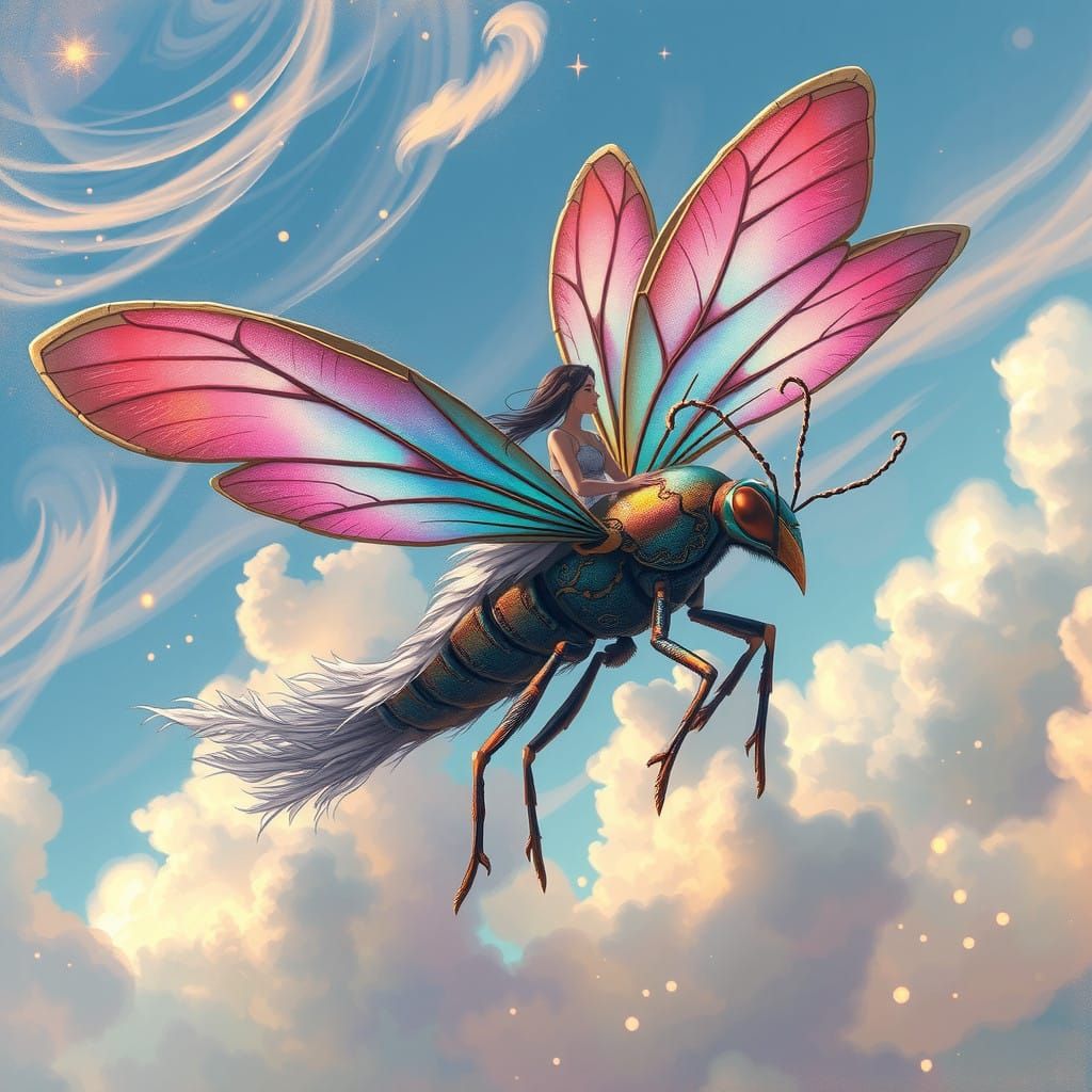 Whimsical Skybound Insect Riders in Vibrant Fantasy Style