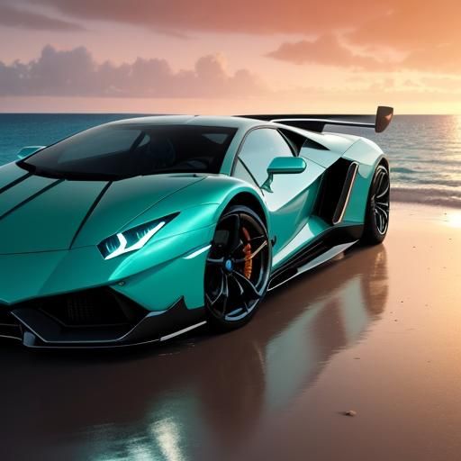 Lamborghini on a Beach at Sunset: Dreamlike Digital Art