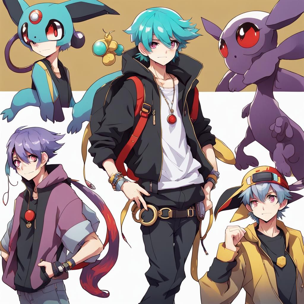 Anime Pokemon Trainer in Techwear with Turquoise Hair