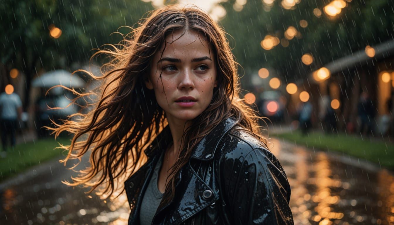 Woman Dancing in Rain with Golden Hour Light