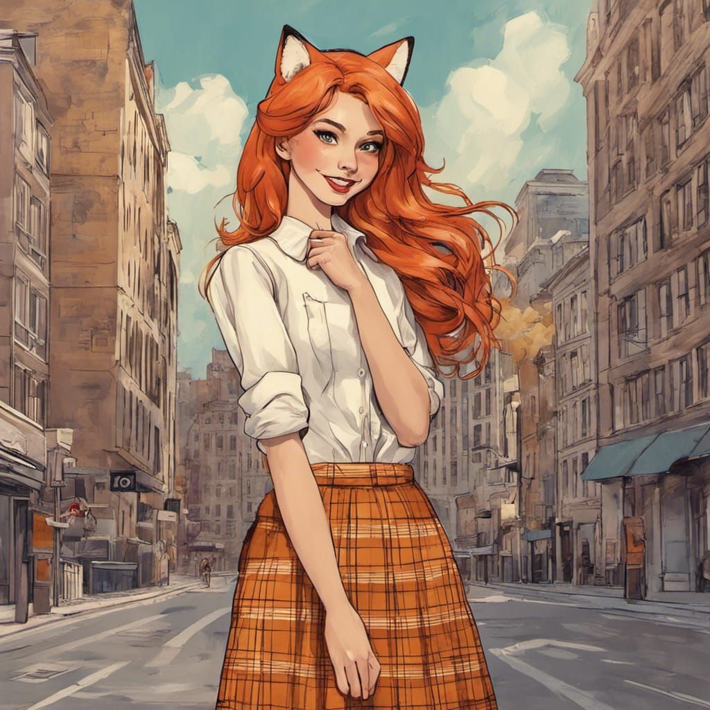 Adorable Fox-girl ginger VIXEN, in Women Plaid Skirt Vintage High Waist Pleated Skirt with Pockets, bright smile, city b...