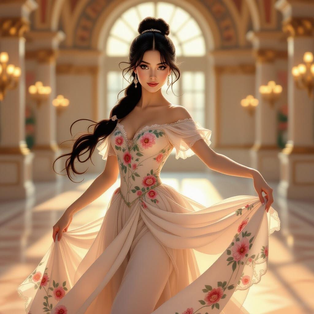 Ballerina Dances in Grand Ballroom, Art Nouveau Style